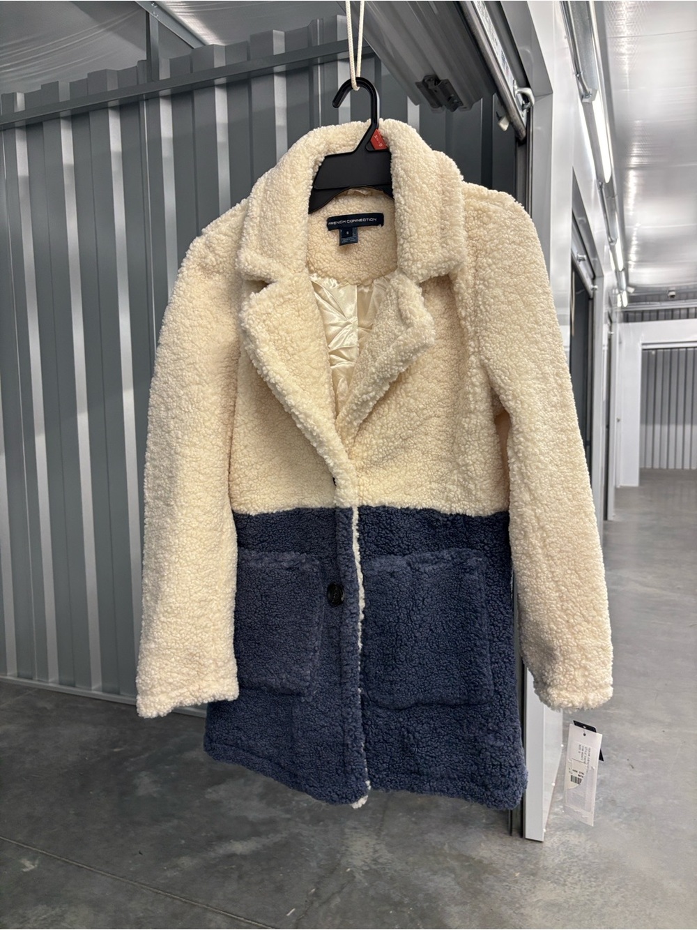 NWT French Connection Two-Tone Button Teddy Coat Cream Navy S Colorblock Fleece